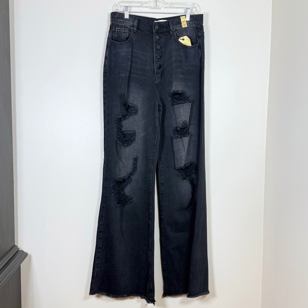 Vibrant MIU Women Baggy Wide Leg Jeans 11 Black Distressed Grunge Long Inseam